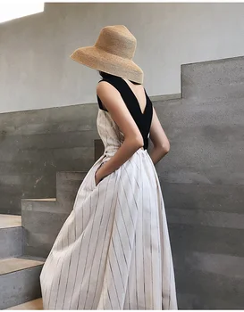 2020 m Moteris Laisvalaikio Rankovių Dirželis Lino Vidurio blauzdos Vasaros Suknelė dryžuota Moteriška Sundress Vestido