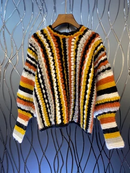 2020 m. Rudens ir Žiemos naujas moterų apvalios kaklo spalvų dryžuotas austi dekoratyvinis laisvas megztinis 916