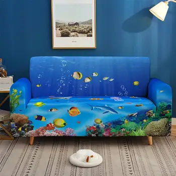2020 naują Jūrų Pasaulio 3D sofa cover Elastinga Ruožas Sofa Cover 1/2/3/4 Vietų Sof Slipcover Sofos Apima