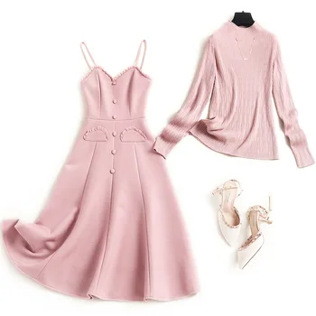 2021 m. ankstyvą pavasarį Moterims cute rožinė suknelė spageti dirželis raukiniai dizainerių suknelės ir megztų megztinių, elegantiškas dviejų dalių komplektas