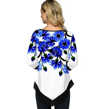 3D Blue Gėlių Spausdinti Ilgus Marškinėlius Moterims Vasaros 2020 Atsitiktinis Apvalios Kaklo Viršuje Tees Didelis Dydis 3XL 4XL 5XL Elegantiška Panele Marškinėliai Ilgai