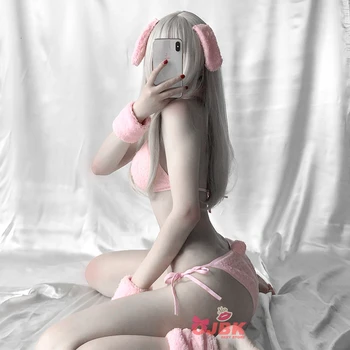 Anime Cosplay Kostiumų DDLG Bunny Mergina Sexy Baby Pink Rabbit Bikini Komplektas Erotika Aprangą Moteris Kaklaraištis Pusėje GString Liemenėlė, Diržas Kawaii