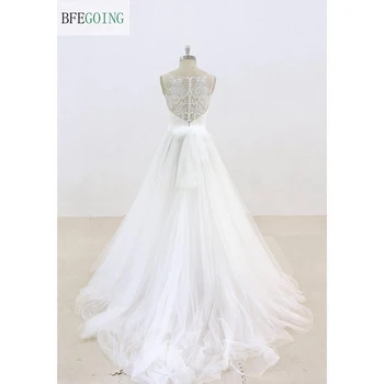 Balto Tiulio, Nėrinių Rankovių Nuotakos suknelė Grindų-Ilgis A-line Wedding suknelė Koplyčia Traukinys Užsakymą