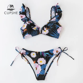CUPSHE Juoda Gėlių Susiėmę V-kaklo Bikini Rinkiniai maudymosi kostiumėlis Moterims Seksualus Nėriniai-Up Dviejų dalių maudymosi Kostiumėliai, 2021 Nauja Mergina Paplūdimio Maudymosi Kostiumai