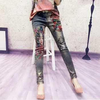 Elastiniai džinsai su 3D gėlių modelio spalvotų pieštukų kelnes moterų elegantiško stiliaus džinsai, kelnės, moteriški džinsai Naujų 2020 m. flare džinsai