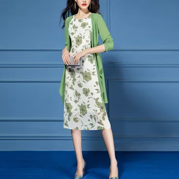 Elegantiškas Gėlių Spausdinti Šifono Suknelė Tinka Moterų 2021 Nauja Pavasario Vasaros Ilgą Striukę Office Ponios Atsitiktinis Moterų 2 Dviejų Dalių Rinkiniai