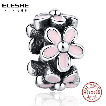 ELESHE Original 925 Sterling Silver Pink Emalio Daisy Gėlių Tarpiklis Granulių Pakabukai tinka Apyrankės 