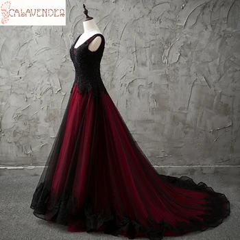 Gotikos V-Kaklo, Rankovių Juodos ir Raudonos Vestuvių Suknelės, Nėriniai Appliques Šalies Prašmatnus Vestuvių Suknelės, Puošnios Spalvos Vestuvių Suknelės