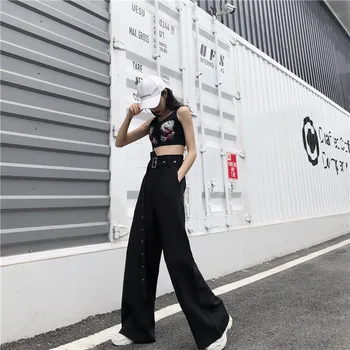 HOUZHOU Pločio Kojų Kelnės Moterims korėjos Stiliaus Juoda Palazzo Kelnės Harajuku Streetwear Moterų Laisvas Kelnes 2020 M. Rudenį Kelnės Moterims