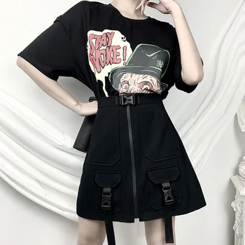 InsGoth Harajuku Grunge Krovinių Juoda Aukšto Liemens Sijonas Streetwear Gotikos Moterų Sijonai Vasarą-line Mini Punk Maišelį Sagtis Sijonai