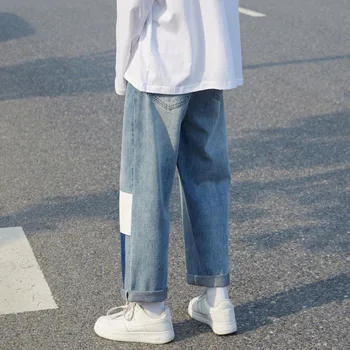 Kankina Pleistras Džinsai Vyrų Mados Kontrasto Spalvų Atsitiktinis Retro Džinsai Vyrams Streetwear Prarasti Hip-Hop Tiesiai Džinsinio audinio Kelnės Vyrai