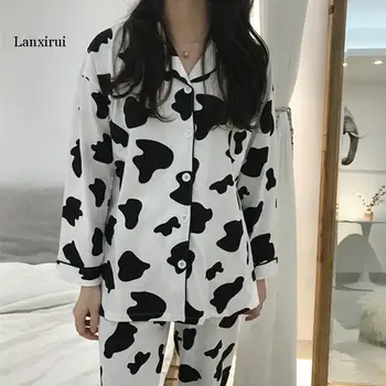 Karvė Spausdinti Pižama Moterims Mielas Namų Kostiumas Sleepwear Nustatyti Žiemos Pižamos Moterims Homewear Pijama Mujer Namų Drabužiai Moterims