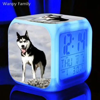 Labai Mielas šuo Haskis žadintuvai 7 Spalvų LED Flash Elektroninis Skaitmeninis Laikrodis-Žadintuvas, Vaikų kambario Nakties Šviesos Laikrodis Laikrodžiai