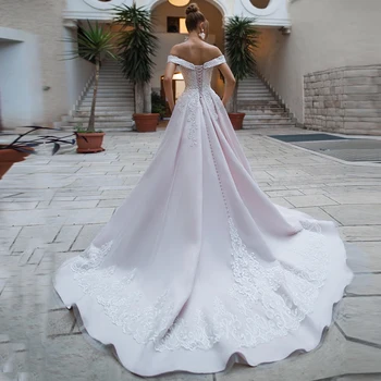 LORIE Satino Vestuvių Suknelės nuo Peties Paplūdimio Vestuvių Suknelės, Elegantiškos Nėrinių Appliqued Senovinių Vestuvių Suknelės Su Nėriniais-iki 2021 m.