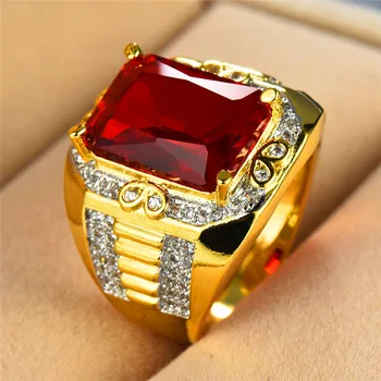 Luxe Stiliaus Vyrų Big Red Akmens Žiedas Mados Geltonos Aukso Pažadas Žiedas Senovinių Vestuvių, Sužadėtuvių Žiedai Vyrams, Moterims, CZ Papuošalai