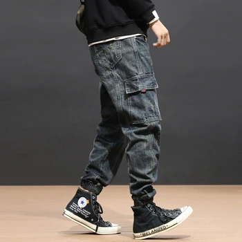 Mados Streetwear Vyrų Džinsai Retro Plauti Palaidi Tinka Spliced Dizaineris Haremo Kelnės Didelis Kišenėje Krovinių Kelnės Hip-Hop Džinsai Vyrams Poilsiu