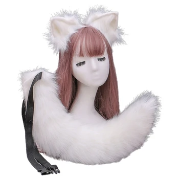 Modeliavimo Pliušinis Kačių Ausys ekrano užsklandą su vientisos Spalvos Bendable Furry Gyvūnų Ilga Uodega Nustatyti Kawaii Anime Cosplay Kostiumas