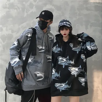 Moterų žiemos 2019 naujas mados ins ryklys spausdinti Harajuku prarasti atsitiktinis plius aksomo retro hip-hop striukė striukė hoodie palaidinukė