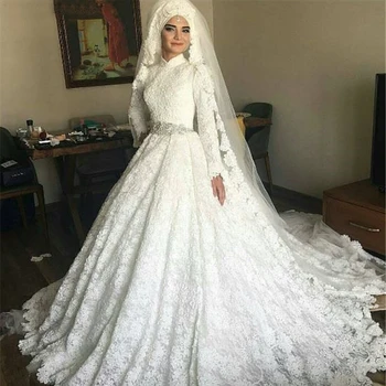 Musulmonų Vestuvių Suknelė, Saudo Arabija, Turkija Kamuolys Suknelė Rankų Ilgomis Rankovėmis Vestuvių Suknelė Nėrinių Nuotakos Suknelė Vestido De Noiva