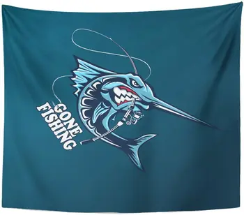 Mėlyna Piktas Marlin Žuvų Žvejybos Emblema Sporto Klubas Gobelenas Sienos Kabo Gyvenimo Kambario, Miegamasis Bendrabučio 50x60 cm