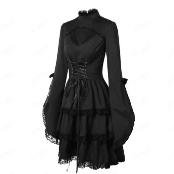 Naujas Vintage Elegantiškas Nėrinių Goth Retro Suknelės, Šaliai, Moterų Gothic Punk Dress Ilgas Rankovėmis Varpo Sexy Juoda Akių Pjovimo Suknelė