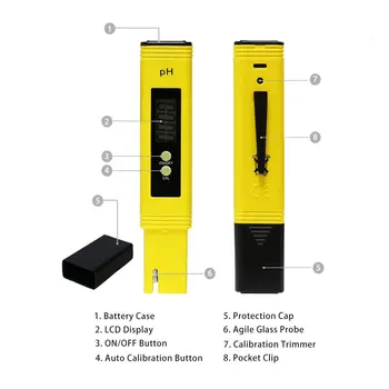 Nešiojamas LCD Skaitmeninis PH-Metras Kišenėje Rašiklis Testeris Tikslumas 0.1 Akvariumas Baseinas, Vandens, Vyno Šlapimo Automatinis Kalibravimas Diapazonas: 0~14
