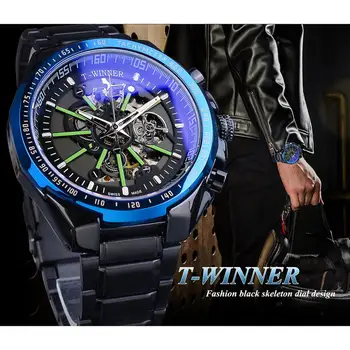 Nugalėtojas Mėlyna Šviesa Stiklo Juoda Automatinis laikrodis 30M atsparus Vandeniui Šviesos Ranka Nerūdijančio Plieno Skeletas Top Brand Mechaninė Žiūrėti