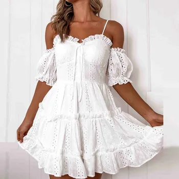 Nėriniai Balta Suknelė Vasaros Moterų Išsiuvinėti Tuščiaviduriai Nėrinių Mini Suknelė Seksualus Klubas Suvynioti Dirželis Vienas-Rankovės Plisuotos Nėrinių Suknelė 2020 m.