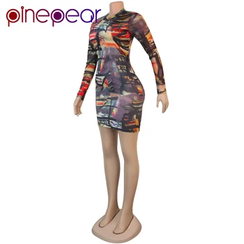 PinePear Moterų Rudenį Print Long Sleeve O-Kaklo Bodycon Mini Suknelė Seksualus Klubas Šalies Streetwear Tvarstis Suknelės, Komplektai, Didmeninė