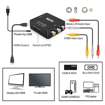 RCA, HDMI, 1080P Mini RCA Composite CVBS AV ir HDMI Vaizdo Garso Keitiklis Adapteris Remti PAL/NTSC su USB Įkrovimo Kabelis