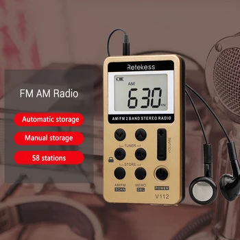RETEKESS V112 Mini Nešiojamą Radijo Nešiojamų FM AM 2 Band Kišenėje, Skaitmeniniai, radijo Imtuvas, ausines Garsiakalbis Walkman eiti pėsčiomis