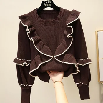 Rudenį, žiemą moterų top korėjos stiliaus pynimas susiuvimo megztinis megztinis naujas žibinto rankovės megztos, žemiausią viršūnes LL283