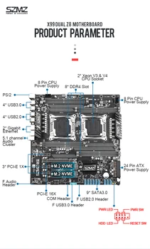 SZMZ X99 Dual CPU pagrindinėse plokštėse Socket LGA 2011-3 Dual Gigabit Ethernet , USB3.0,9* SATA3.0, NVMe M. 2, 8* DDR4 Iki 256 gb