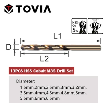TOVIA Micro Kobalto Grąžtas Nustatyti 13PCS HSS M35 Grąžtai, Metalo Grūdinto Plieno 1.5/2/2.5/3/3.2/3.5/4/4.5/4.8/5/5.5/6/6.5 mm