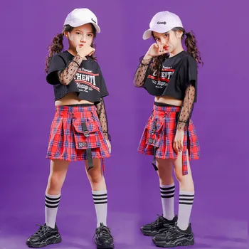 Vaikai Mados Hip-Hop Drabužių Tinklelio Juodos spalvos Marškinėliai ilgomis Rankovėmis Viršuje Pasėlių Pledas Sijonas Mergaitėms Džiazo Šokio Kostiumas Dėvėti Drabužiai