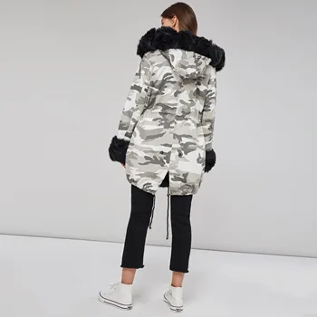 Žiemos 2020 m. Kamufliažinės Striukės Paltai Moterims Parkas Negabaritinių 3XL Gobtuvu Šiltas Ilgi Paltai Plius Dydis Outwear Dirbtiniais Kailiais Apykaklės Paltas